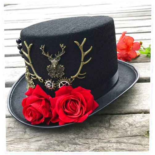 ASDFFG Men Women Steampunk Hat Women Handmade Steampunk Top Hat with Flowers Stage Magic Hat Party Hat Size 57CM (Color : Black, Size : 57)