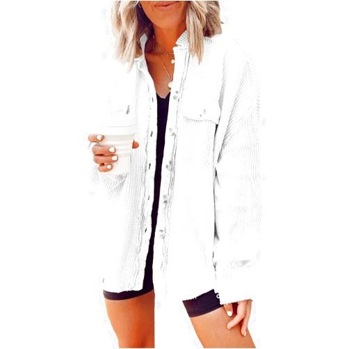 CHARTOU Women's Vintage Banded Collar Button Down Baggy Loose Fit Mid-Weight Frayed Waffle Knit Shacket Shirt Tops
