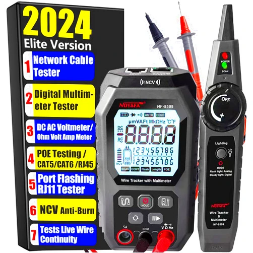 NOYAFA NF-8509 Network Cable Tester (with Multimeter Tester), POE/RJ45 RJ11 CAT5 CAT6 LAN/Ethernet Port Flashing, Anti-Interference TDR Network Tester/NCV Anti-Burnout AC DC Voltmeter Network Tool