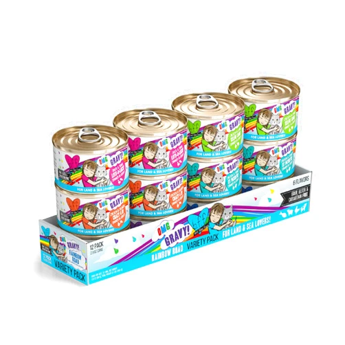 Weruva B.F.F. OMG - Best Feline Friend Oh My Gravy!, Variety Pack, Rainbow Road, Wet Cat Food by, 2.8oz Can (Pack of 12)