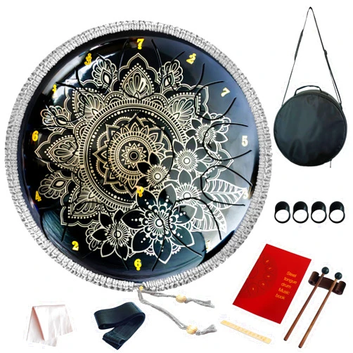 LUZENT 12 Inches 13 Notes Steel Tongue Drum Handpan Mandala Flower Engraved Kit for Adults Beginners, C Key 440Hz, Black