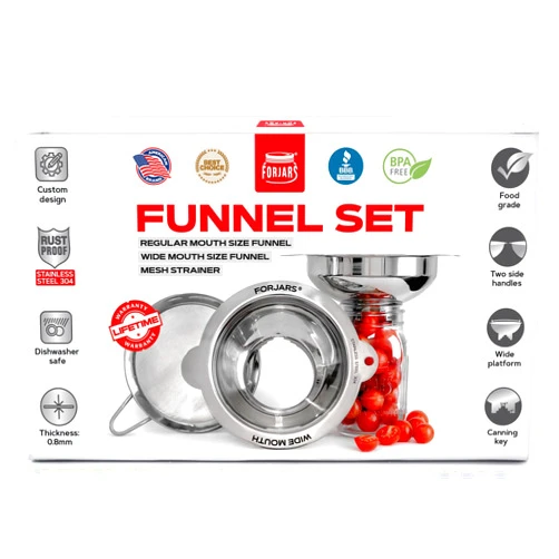 FORJARS Canning Funnel Set - with Strainer for Wide and Regular Mason Jars and Food Funnels for Transferring Oils - Durable, Small, Stainless Steel Kitchen Funnel Set - Canning Supplies Kit