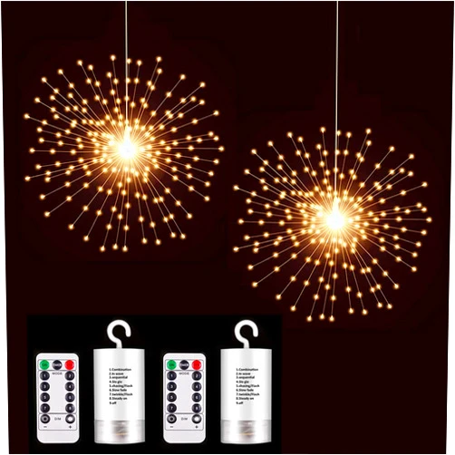 PXBNIUYA 2 Pack Starburst Sphere Lights,200 LLED Firework Lights, 8 Modes Dimmable Remote Control Waterproof Hanging Fairy Light, Copper Wire Lights for Patio Parties Christmas (Battery Operated)