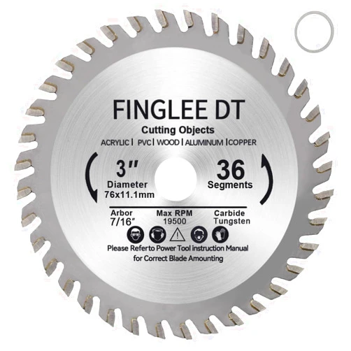 FINGLEE DT 3 Inch TCT Circular Saw Blade 36 Teeth for Wood, Plastic, PCV, Acrylic, Plywood, 7/16'' Arbor, Supplied with 3/8