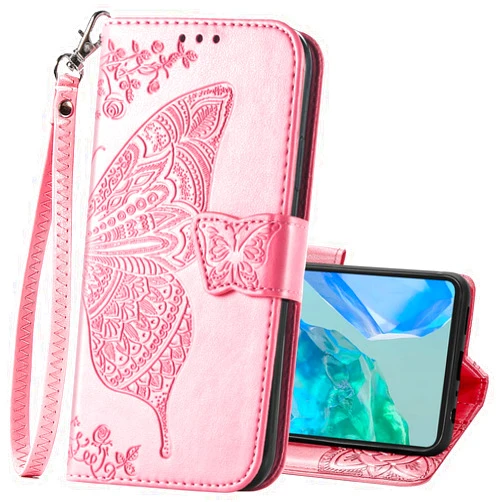 HAOTP Wallet Case for Samsung Galaxy A16 5G,PU Leather Woman Flip Protective Phone Case Wrist Strap Card Slots Holder Pocket Emboss Butterfly Flower Stand Case for Samsung Galaxy A16 Pink