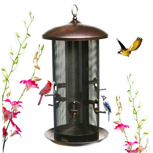 Nature's Rhythm Metal Hopper Bird Feeder Two Chambers，Heavy Duty Mesh Metal Dual Seed Compartments Outdoor Hanging Metal Wild Bird Feeder with 10 Feeding Ports,10lbs Seed Capacity