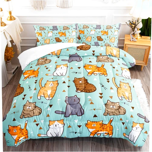 BSNTHO Cat Comforter Set for Girls Boys Cat Lover Gifts Bedding for Kids Cute Kitten Pattern Bedding Set Queen Size Bedroom Decor (1 Comforter + 2 Pillowcases) Soft Lightweight