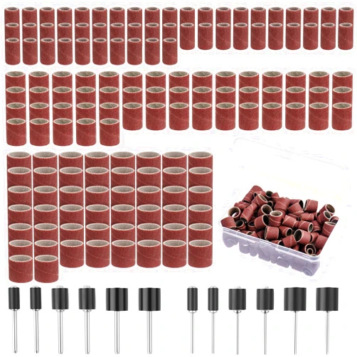 BAGTeck 162 Pieces Sanding Drums Kit Drum Sander for Drill with Storage Box Including 150 Pieces Sanding Band Sleeves and 12 Pieces Drum Mandrels for Rotary Tool- 240 Grit