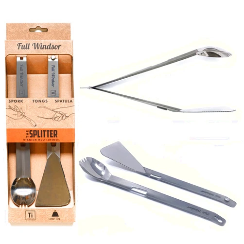 Full Windsor THE SPLITTER Titanium Tongs, Spork and Spatula from Full Windsor - Portable Lightweight Metal Multi Utensil for Camp Kitchen, Backpacking, Travel, Outdoor Cooking, Camping Cookware, No Mess Eating Set