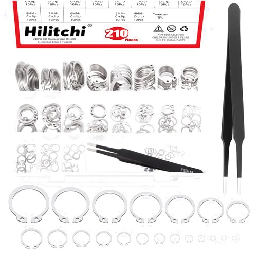 Hilitchi 211Pcs 21 Sizes C-Clip External Retaining Rings Snap Rings Assortment Kit Circlip Snap Rings 304 Stainless Steel C-Clip Set with Tweezers (M4-M28) for Moving Parts