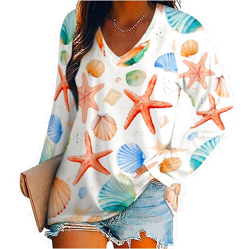 TUBIAZICOL5 Watercolor Seashells Starfish Women's Long Sleeve V Neck Tunic Tops Casual Shirts Loose Fit Blouses Tees