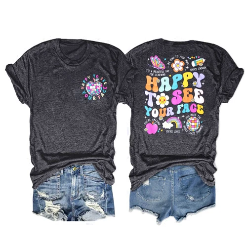 MOUSYA Teacher Shirt Women Teacher Gifts Happy to See Your Face Shirt Teacher Outfits for Women Groovy Teacher Tee