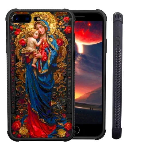 GoMars Phone Case for iPhone 7 Plus Case for iPhone 8 Plus Case Rugged Bumper Corner Black Case with Virgin Mary Jesus Design Anti-vibration Shatterproof Case.