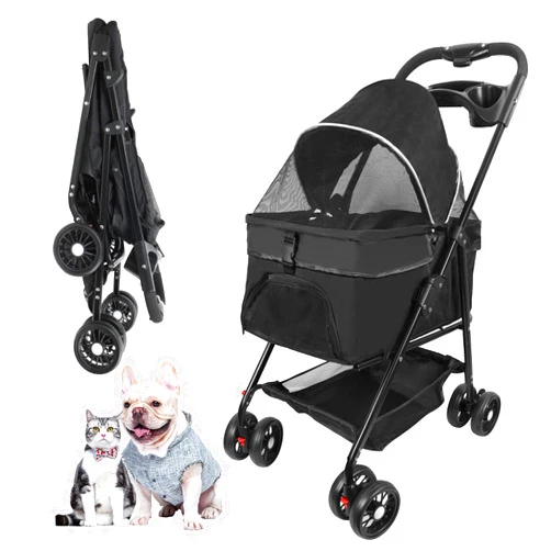 San Yare Pet Stroller for Cats/Dogs,4 Wheels Dog Cat Stroller for Up to 30lbs Small Medium Dogs Cats Foldable Puppy Stroller with Storage Basket and Cup Holder.(Black)