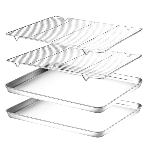 Wildone Baking Sheet & Rack Set [2 Sheets + 2 Racks], Stainless Steel Cookie Pan with Cooling Rack, Size 16 x 12 x 1 Inch, Non Toxic & Heavy Duty & Easy Clean