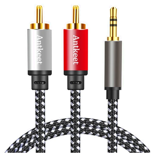 Antkeet Audio Cable 20ft, 3.3mm to 2Rca Male to Male Auxiliary Stereo Cable Gold Plated Nylon Braid HiFi Audio Cord