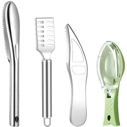 Honoson 4 Pieces Stainless Steel Fish Scale Remover Cleaner Kitchen Fish Scaler Fish Skin Graters Cleaning Peeler Scaler Scraper with Bottle Opener for Kitchen Fish Cleaning Tools
