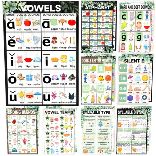 CHUNNIN 16Pcs Boho Greenery Sound Wall Classroom Phonics Posters Eucalyptus Language Arts Charts Supplies for Kids Toddler Learning Language Arts Grammar Posters English Phonics Posters for Wall Decorations