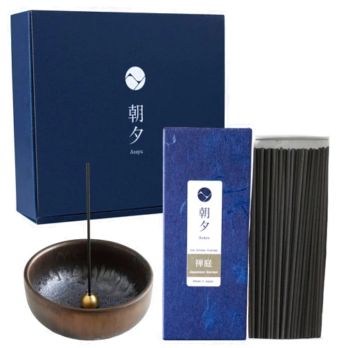 Asayu Japan Low Smoke Incense Gift Set with Incense Holder and Brass Stand, Japanese Zen Garden Blend Incense Sticks with Zen Ceramic Incense Holder