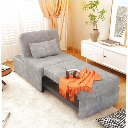 LEVNARY Convertible Chair Bed Sleeper, Velvet 4 in 1 Single Sofa Folding Chair Ottoman, Pull Out Small Couch Ottoman Bed for Home Living Room (Velvet Grey)