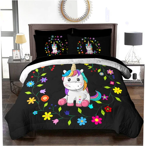 BlessLiving Floral Unicorn Bed in A Bag Full Kids Girls Comforter Set 8 Pieces Black Cartoon Unicorn Bedding Set (1 Comforter, 2 Pillowcases, 2 Shams, 1 Flat Sheet, 1 Fitted Sheet, 1 Cushion Cover)