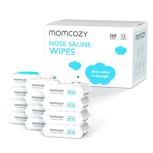 Momcozy Baby Wipes, Momcozy Saline Nose and Face Wipes, Made Only With Natural Saline, 100% Biodegradable, Unscented & Hypoallergenic for Sensitive Areas Cleansing, Easy to Carry, 360 Count (Packs of 12)