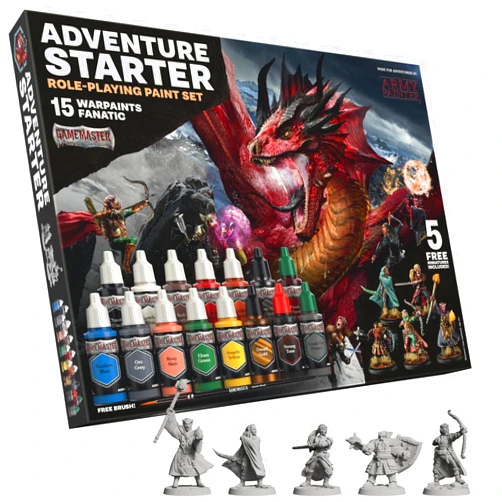 The Army Painter, GameMaster: Adventure Starter Role-playing Paint Set, 15 x 18ml Warpaints Fanatic Acrylic paints, incl. a Brush-On Primer, 5 FREE Miniatures & 1 Brush - For Warhammer & Dnd