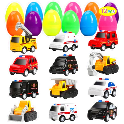 CUTE STONE 12 Pack Filled Easter Eggs with Alloy Pull Back Cars, Easter Basket Stuffers Easter Party Favors for Kids