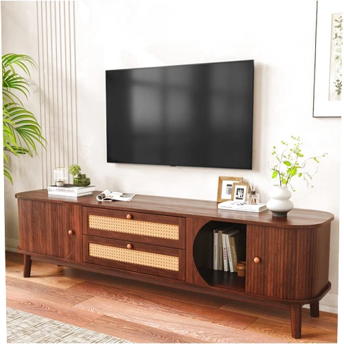 Angel Sar TV Stand for 75+ Inch TV, Rattan Tv Stand, Entertainment Center with Drawers, Modern Media Console, Sliding Door & Solid Wood Legs, Brown