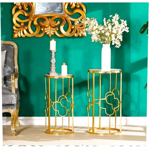 MOCOME Gold Round Side End Table Set of 2, Modern Bedside Small Side Table with Marble Top for Bedroom Living Room Balcony Small Space, 14