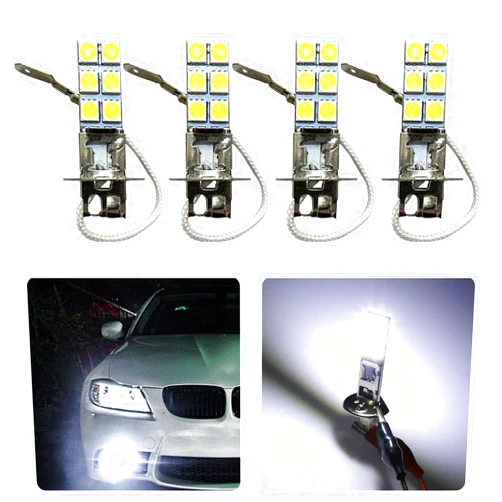 Hirificing 4PCS H3 Car LED Fog Light Headlight Bulbs, 12SMD-5050 Chip Waterproof Low Beam LED Lamps, 6000K Anti-fog Bright Daytime Running Lights Suitable for Most Car Models (White)