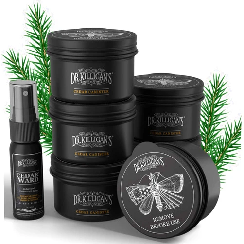 Dr. Killigan's Cedar Chip Canisters - Moth Repellent for Closets, Cedar Blocks for Clothes Storage, Sachets for Drawers and Closets, 6 Tins with Cedar Chips + 1oz Cedar Ward Spray