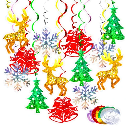 BigButer Christmas Decorations Hanging Swirl 30 Packs Xmas Decorations Merry Christmas Elk Sliver Snowflake Green Christmas Tree Golden Jungle Bell Glitter Foil Ceiling Hanging String Garland