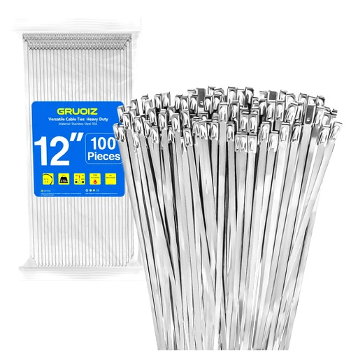 GRUOIZ 12 inch Stainless Steel Cable Zip Ties 100Pack 304 Metal Cable Ties with 270lbs Tensile Strength Heavy Duty Zip Ties for Farms Pipes Roofs Workshop Outdoor Fence Use