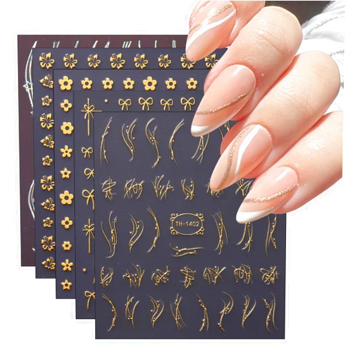 WEIXIWUYU 5Sheets Gold Line Nail Art Stickers,3D Self Adhesive Metal Geometric Stripe Wave Little Flower Nail Sticker Gold Nail Art Designs Nail Art Supplies Line Glitter Sticker for Women DIY Nail Decoration