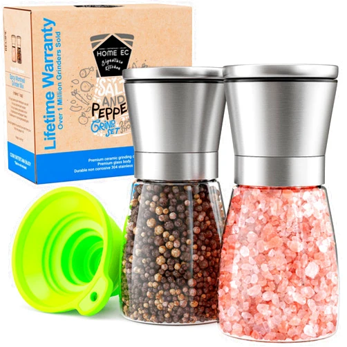 HOME EC Premium Stainless Steel Sea Salt and Pepper Grinder Set of 2 - Adjustable Ceramic, Glass Salt and Pepper Shakers - Pepper Mill & Salt Mill W/Funnel & EBook