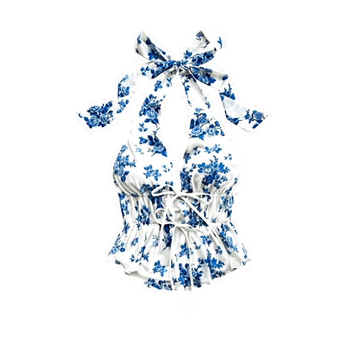 MakeMeChic Women's Floral Print Halter Top Shirred Lettuce Trim Knot Front Summer Shirt