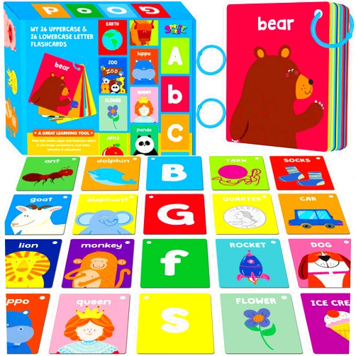 SpriteGru Alphabet Flash Cards, 52 Double Sided Cards Uppercase & Lowercase Letter Cards, Letters and Sight Words Learning Cards for Preschool and Toddlers Learning (2 Reclosable Rings Attached)