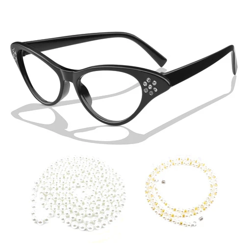 Kyerivs Old Lady Costume Accessories for Kids Women 100th Day of School Halloween Cosplay Granny Dress Up With Cat Eye Glasses Rhinestone Glasses Chain Pearl Necklace for Girls Boys Adults