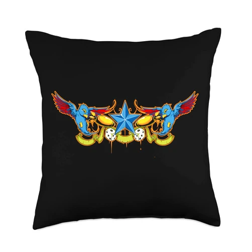 Visit The Old School Tattoo Apparel OLE School Swallow Star Tattoo Art DICE Golden Bombs Throw Pillow, 18x18, Multicolor