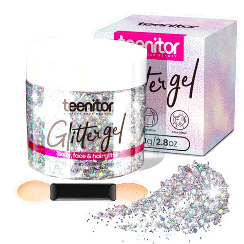 Teenitor Body Glitter, Silver Glitter, Body Glitter Gel, Hair Glitter, Face Glitter, Silver Glitter Gel for Face, Makeup, Hair, Eye Holographic Chunky Makeup Glitter