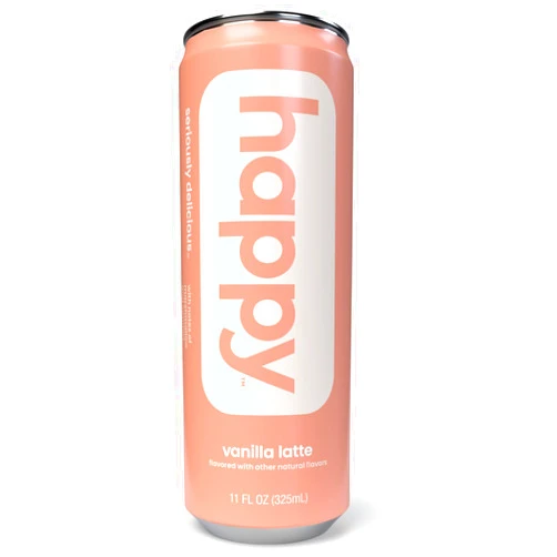 We Are Happy, LLC happy coffee canned vanilla latte, 11 oz. cans, 12 pack, notes of marshmallow & comfort, 100% arabica beans, no artificial flavors or sweeteners