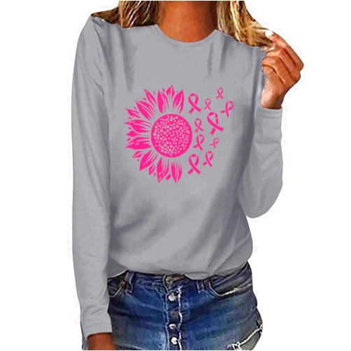 Generic Women's Support Breast Cancer Awareness Shirts Pink Ribbon Flower Print Cancer Survivor Faith Tees Cancer Fight Tops