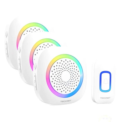 TECKNET Wireless Doorbell with 3 Portable Doorbells with RGB Light, Battery Powered IP66 Waterproof Door Chime Kit, 1300ft Wireless Range, 60 Chimes & 5 Level Volume, Using Time up to 4.5 Years