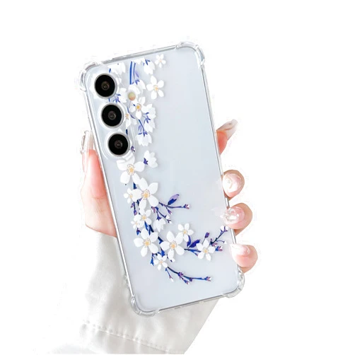 DEFBSC Soft Case Compatible with Samsung Galaxy S24, Clear Floral Flower Pattern Print Design Flexible TPU Shockproof Cover for Women Girls, Flower Protective Phone Case,White Pear Blossom