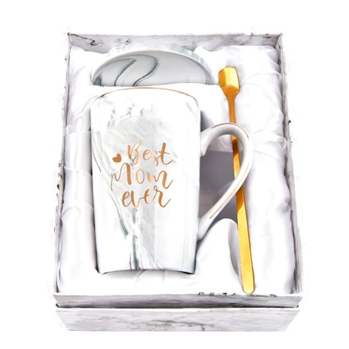 YHRJWN Mom Gifts - Best Mom Ever Mug - Gift for Women for Mothers Day, Christmas, Birthday - Marbled Cup Mug 14 Oz with Gift Box, Spoon, Coaster (Grey)