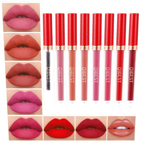 QiBest 8pcs Matte Liquid Lipstick with Lip Plumper Makeup Set Velvety Long Lasting High Pigmented Nude Waterproof Lip Gloss Kit Girls Women Make Up Gift Set