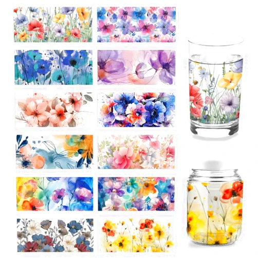 arricraft 12 Sheets UV DTF Cup Wrap Transfer Stickers, 12 Styles 9.45x4.33 Inchs Watercolor Flowers Rub on Transfers Decal for 16OZ Glass Cups Furniture Craft Wood DIY Crafts