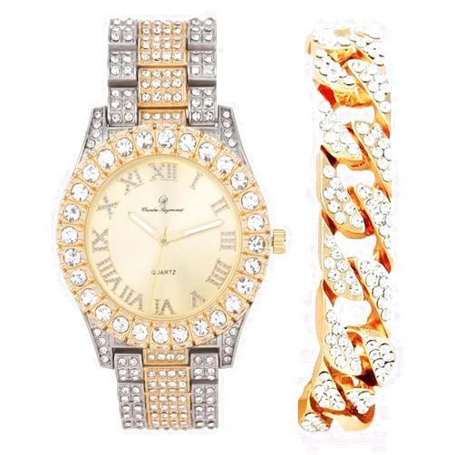 Charles Raymond Mens Silver Big Rocks with Roman Numerals Fully Iced Out Colorful Dial Watch w/Bling'ed Out Cuban Shiny Silver Bracelet - ST10327 RN Cuban