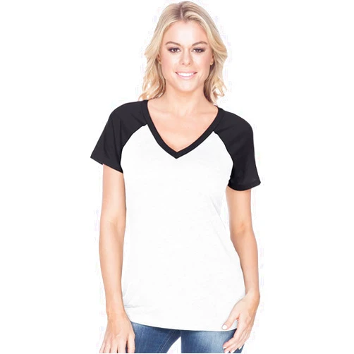 Kavio! Women Sheer Jersey Contrast V Neck Raglan Short Sleeve
